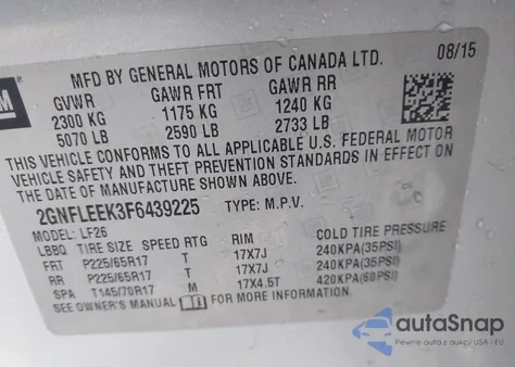 2015 Chevrolet Equinox Ls z USA, uszkodzony, nr VIN 2GNFLEEK3F6439225